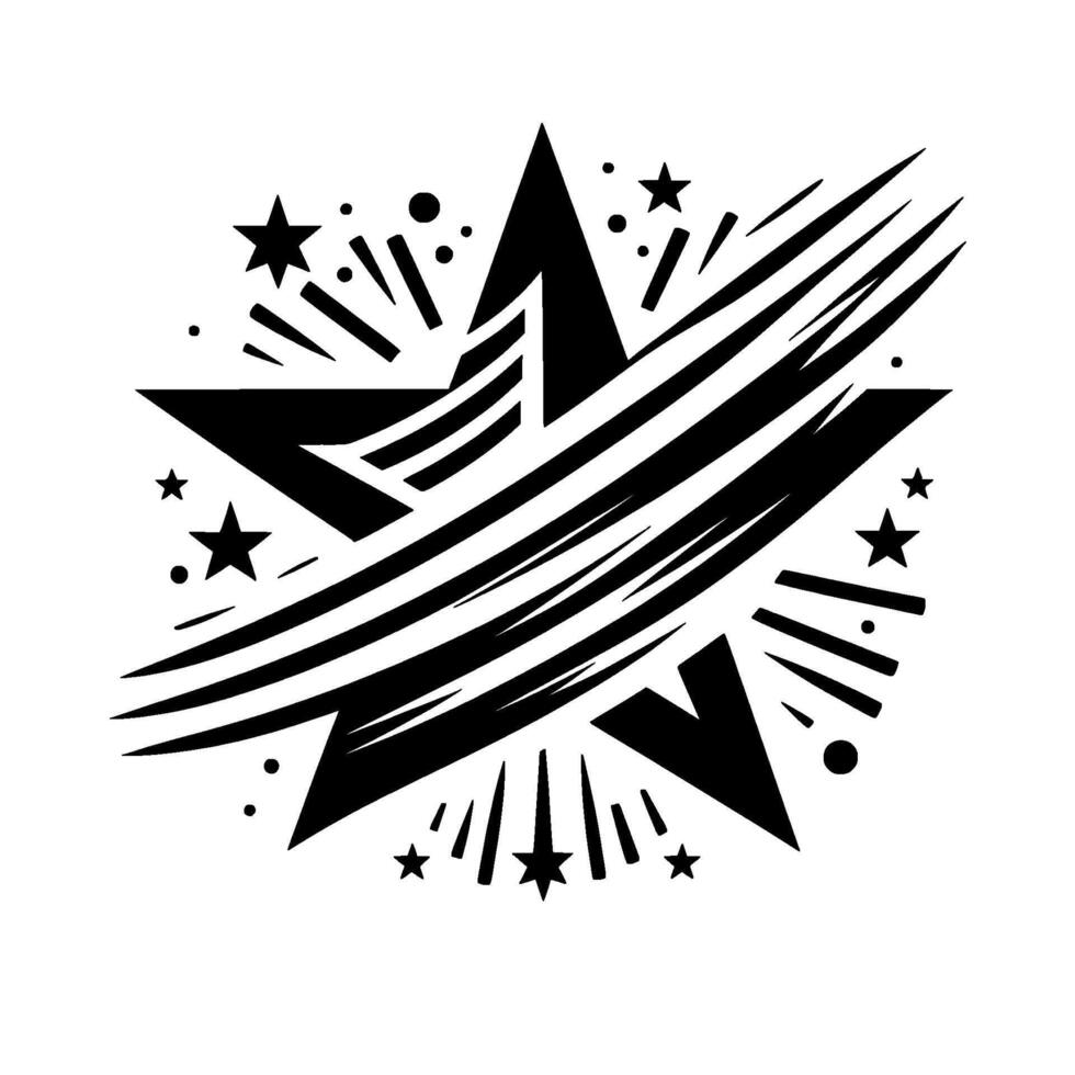 Bold Monochrome Starburst Featuring a FivePointed Star with Striking Diagonal Streaks, Surrounded by Smaller Star Accents and Bursting Elements. vector
