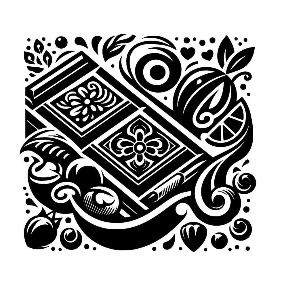 Abstract black and white square with geometric patterns, floral elements, and stylized fruits arranged in a symmetrical composition. vector