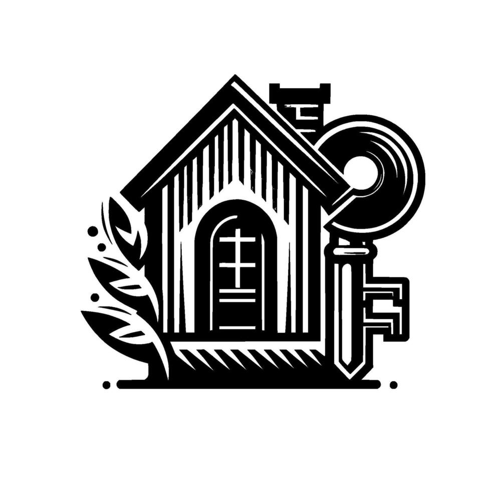 A Monochrome Depicting a House, Key, and Laurel Leaves, Symbolizing Homeownership and Security. vector