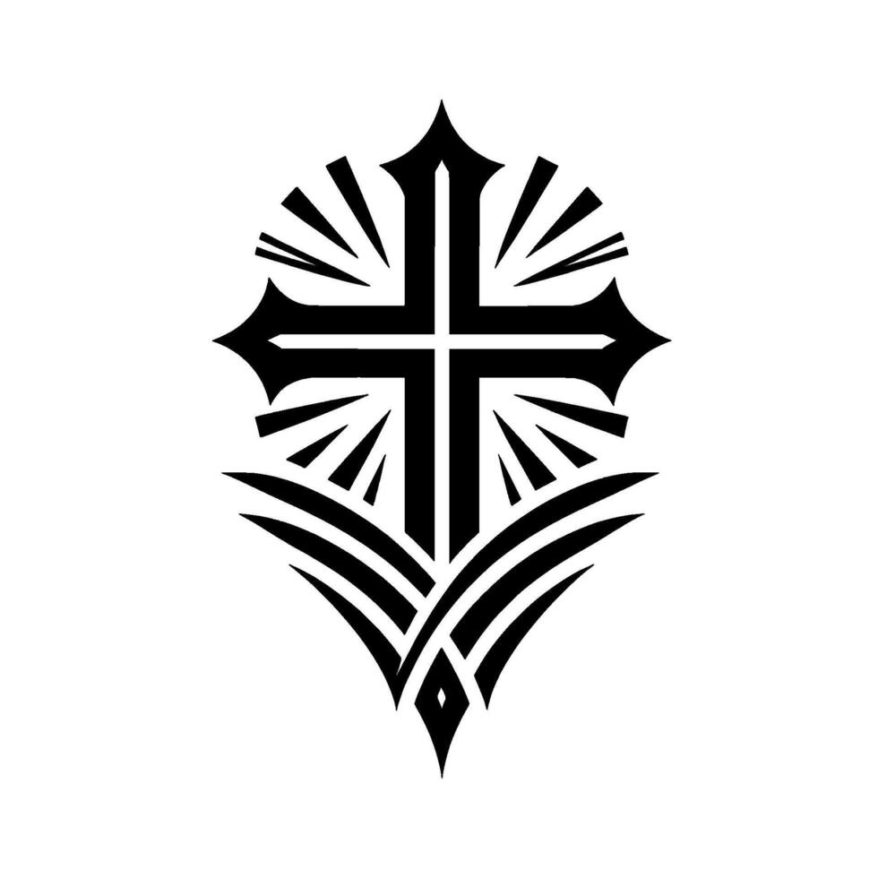 Ornate Black Cross with Stylized Elements on White, Elegant Geometric Symbolism. vector
