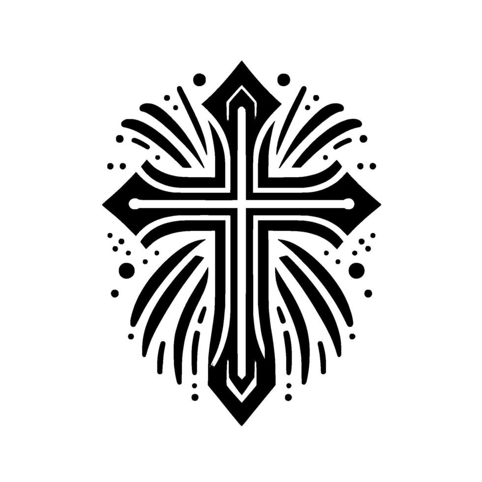 Bold Black Cross with Ornamental Religious Symbol with Decorative Lines and Circle Accents on White Background vector