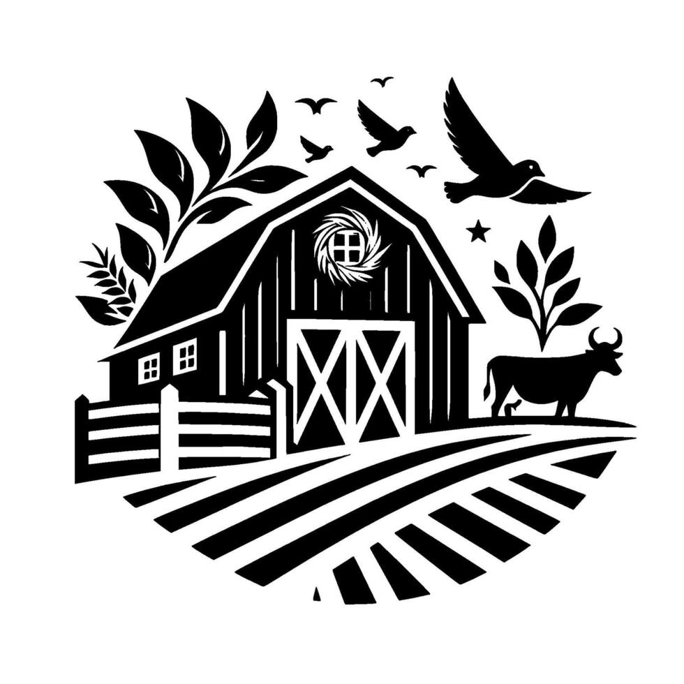 Black and White Rural Farm Scene A Silhouette Depiction of a Barn, Cow, Birds, and Wheat Field, in a Circular Composition. vector