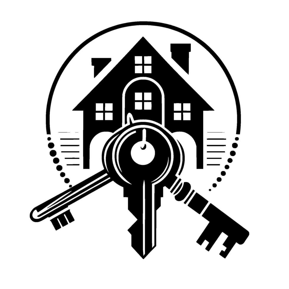 A stylized black and white real estate featuring a house silhouette, three keys, and circular frame. vector