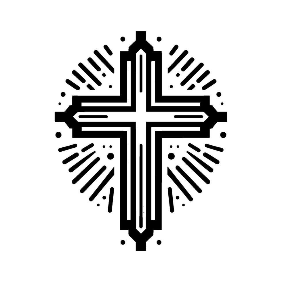 Striking Black and White Illustration of a Geometric Cross with Radial Burst, a Symbol of Faith and Spirituality. vector