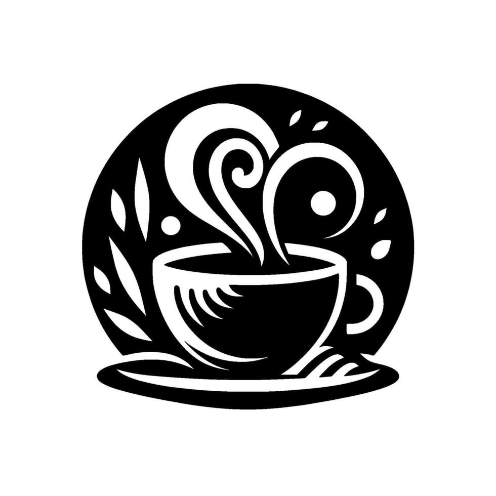 Stylized Black and White Coffee Cup with Steam, Leafy Decor, and a Circular Frame for or . vector