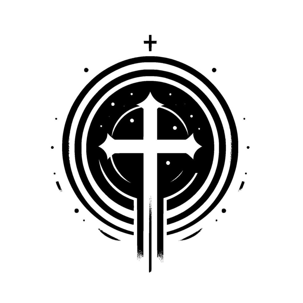 A minimalist Christian cross , depicted in stark black and white, within concentric circle frame, stars, and celestial speckles, on a white background. vector