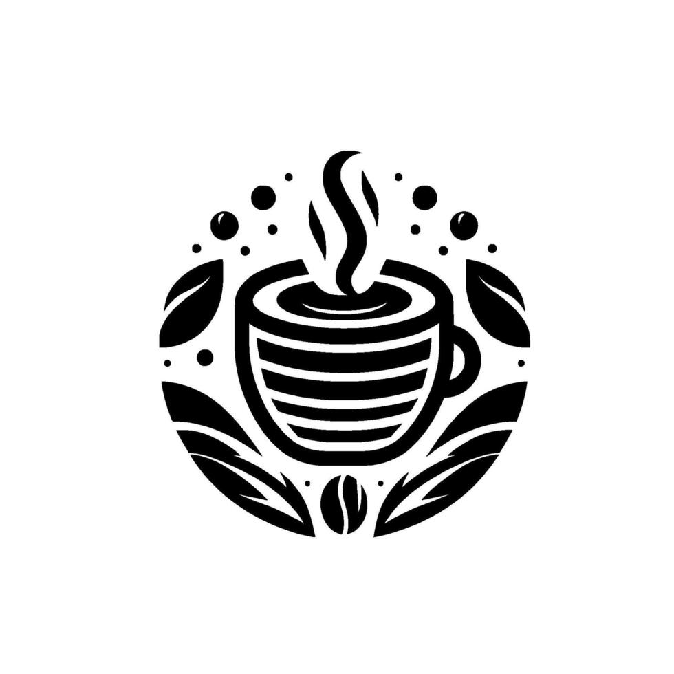 Minimalist Monochrome Coffee Steaming Cup Encircled by Leaves, Berries, and Coffee Bean, Against a White Backdrop. vector