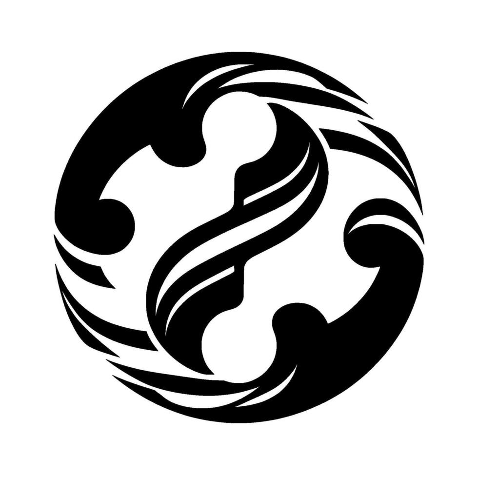Abstract black and white circular featuring intertwined organic shapes and negative space, resembling a stylized YinYang symbol. vector