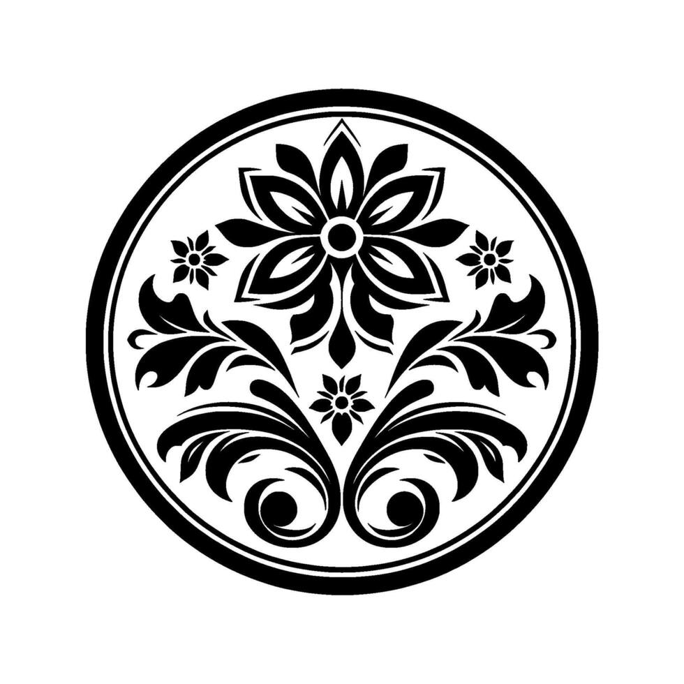 Elegant Black and White Circular Floral Featuring Detailed Petals, Leaves, and Swirls in a Symmetrical Composition vector