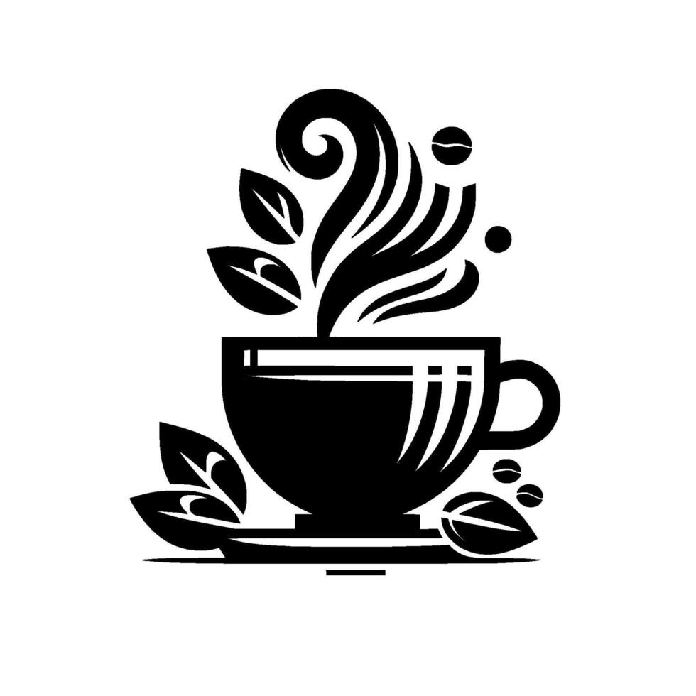 Stylized Black White Art of a Steaming Coffee Cup with Leaves and Beans, Minimalist Beverage . vector