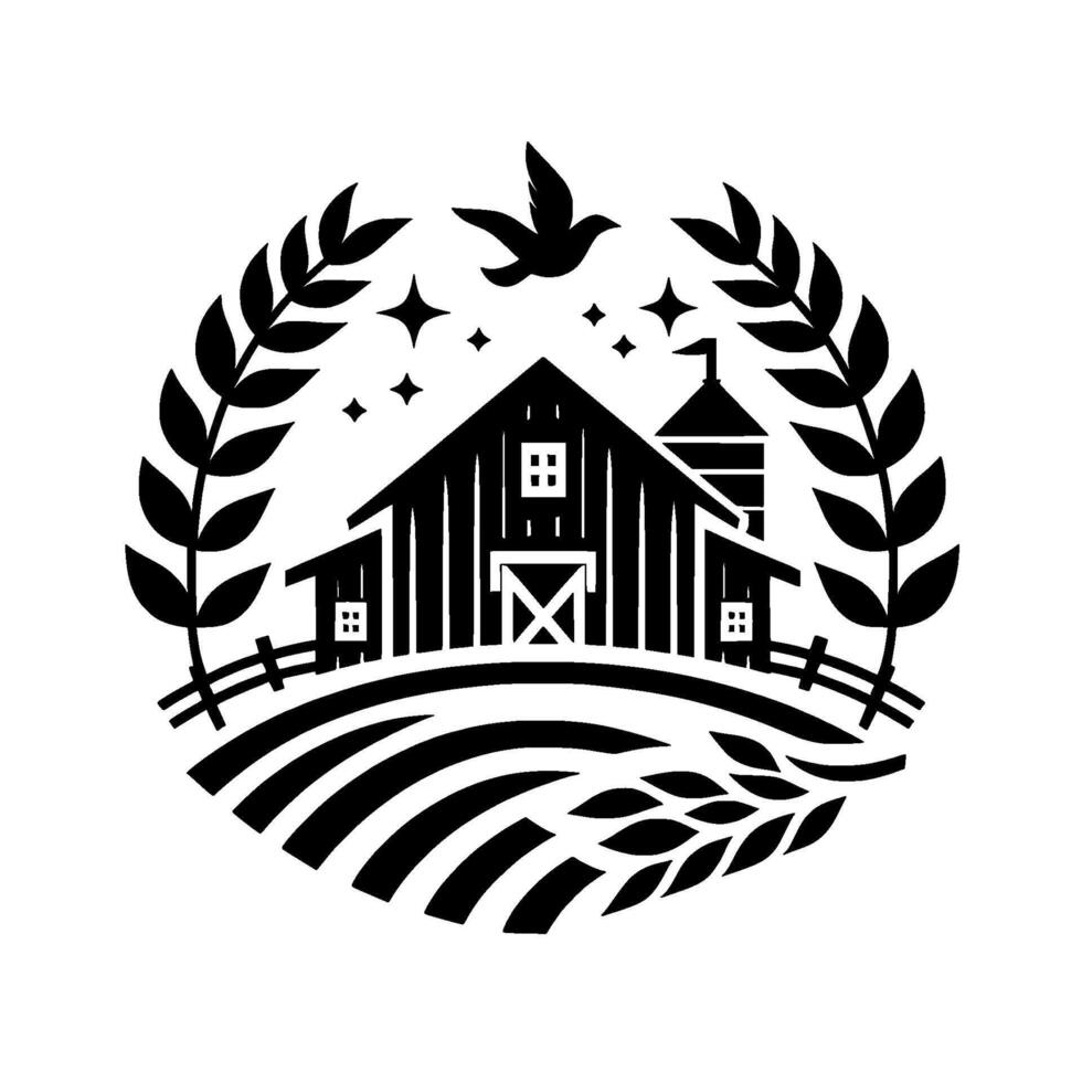 Black and White Farmhouse Silhouette with Wheat Wreath, Dove, Stars, and Farm Fields. vector