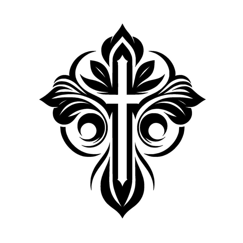 Ornate, black and white, illustration of a Christian cross with floral and leaf embellishments, artistic and decorative . vector