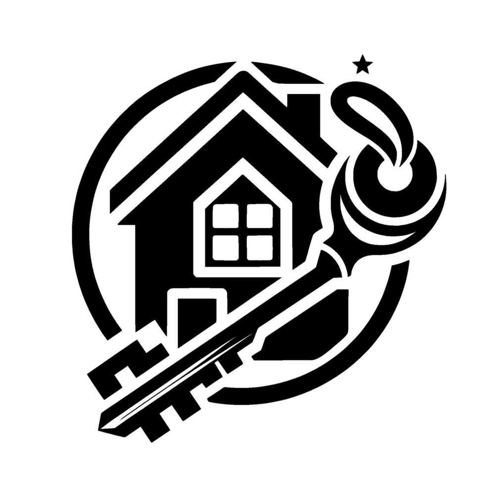 Stylized Black and White Real Estate House Silhouette, Key , and Star Within a Circle, Simple and Clean . vector