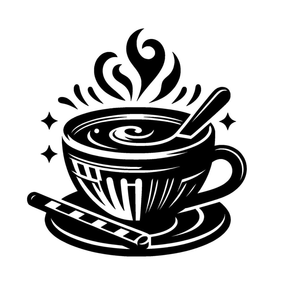 A stylized, monochrome illustration of a steaming cup of coffee with a spoon, cinnamon stick, and sparkling star accents, radiating warmth. vector