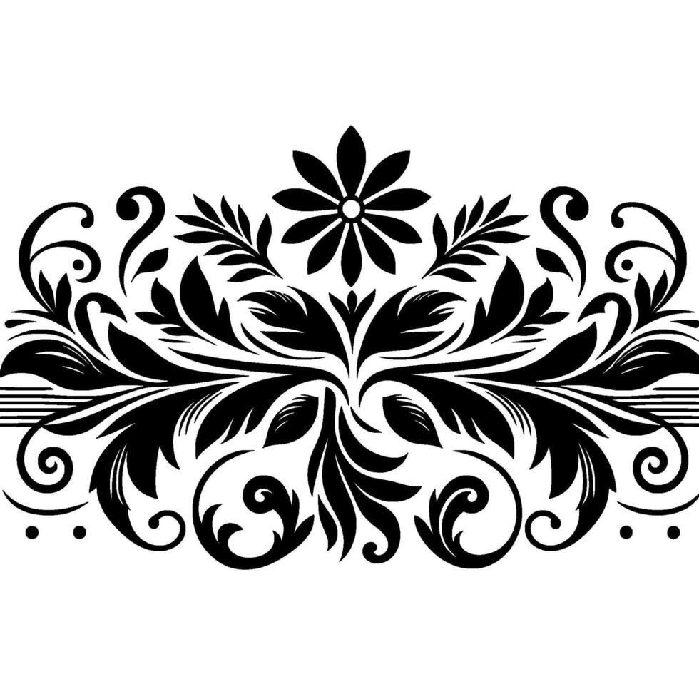 Elegant Black Floral Border, Symmetrical Featuring Flower, Leaves, Swirls, and Ornate Detailing on White Background. vector