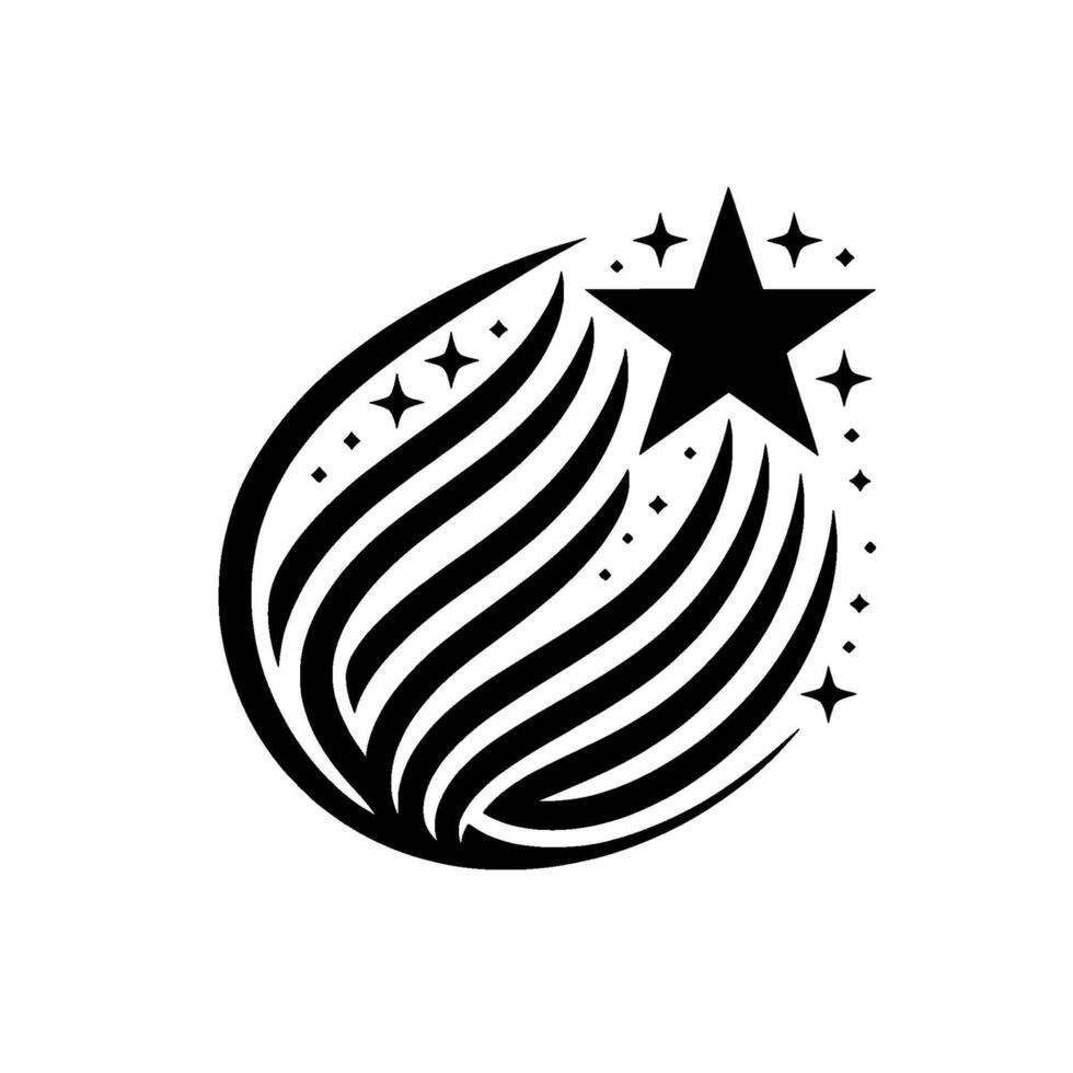 Bold Black White of a Shooting Star with Curved Striped Tail and Star Cluster . vector