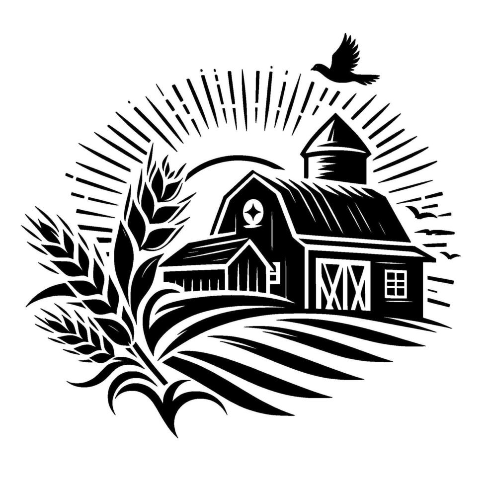 Stylized black and white illustration of a farmhouse, wheat, fields, and birds, framed by radiating lines. vector