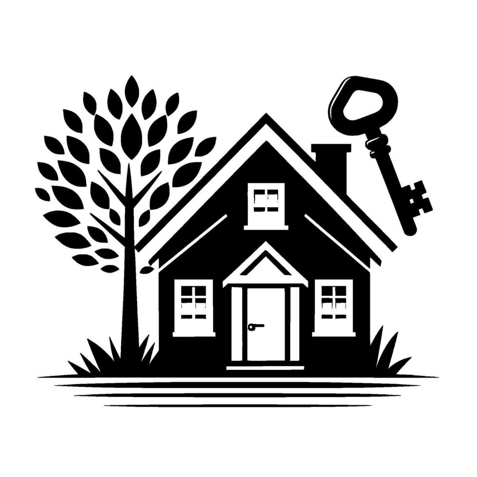 Monochrome Illustration of a House with a Key and Tree Represents Homeownership, Real Estate, and Security. vector