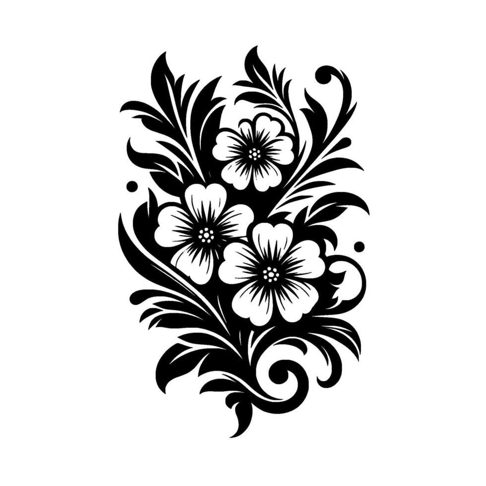 Intricate Black and White Floral Three Blossoms Surrounded by Detailed Leaves, Swirls, and Dots on a Clean White Background. vector