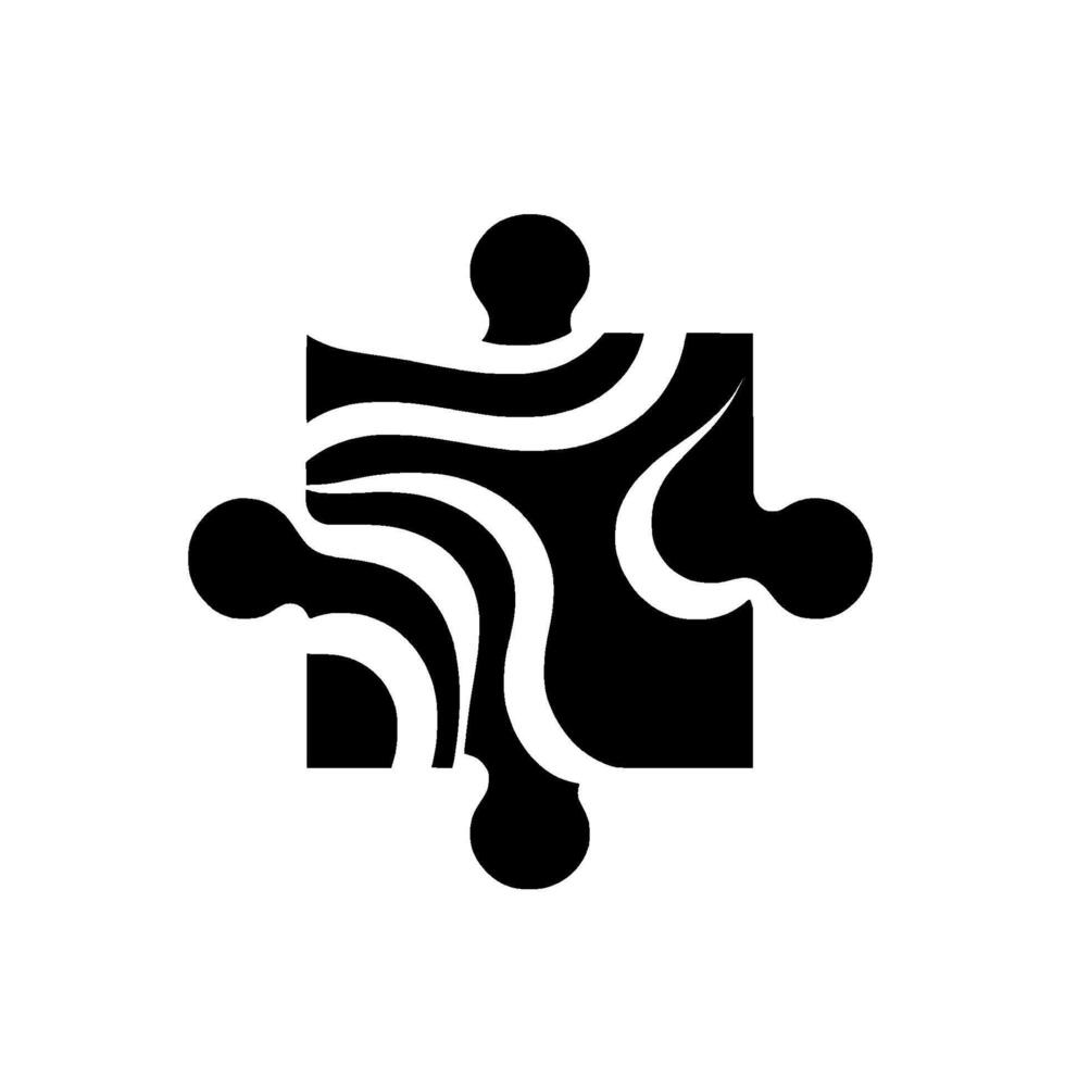 Abstract Puzzle Piece with Flowing White Lines on a Black Square, Set Against a Minimalist White Background. vector