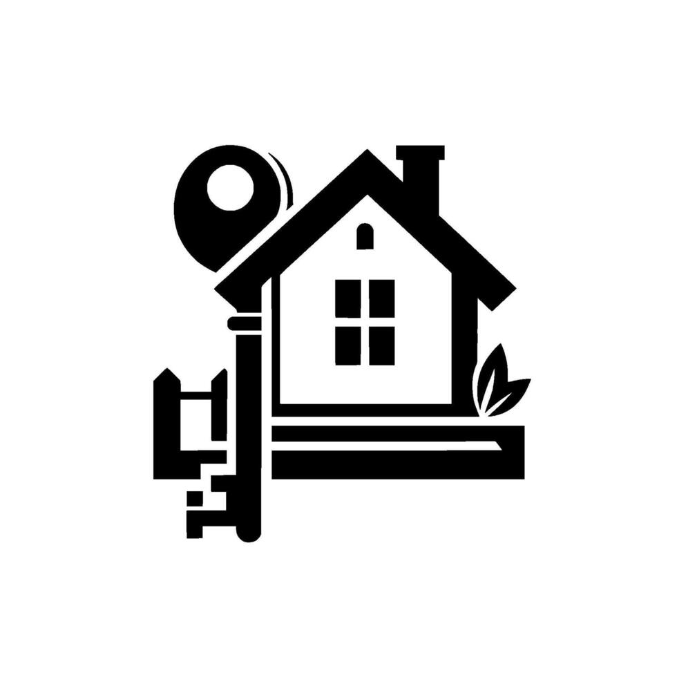 Black and White Real Estate Key, House, Fence, and Leaves , Illustrating Home Ownership. vector