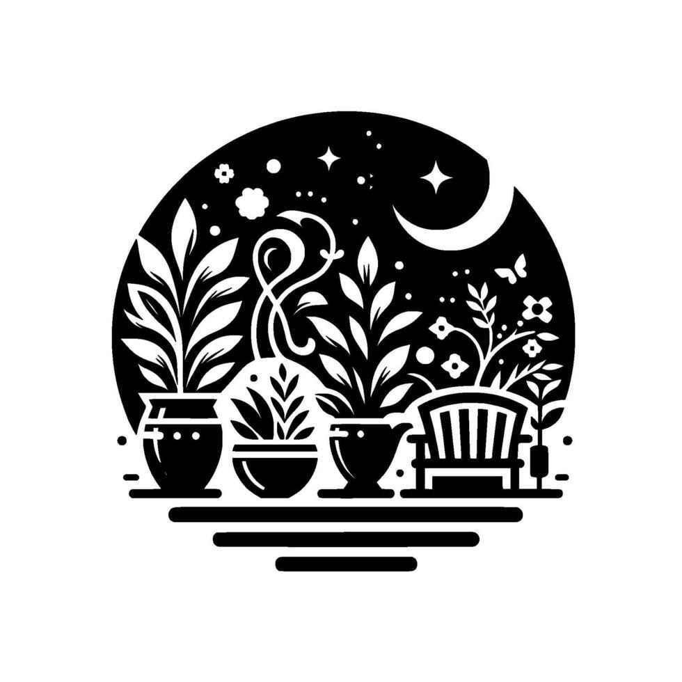 Serene Night Garden Silhouette Potted Plants, Bench, Moon, Stars, and Floral Elements in a Black and White Circle Composition. vector