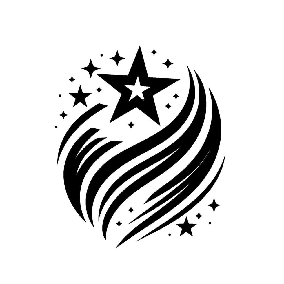Black and White Stellar Burst A stylized emblem of stars and curved streaks radiating from a central point, creating a dynamic and elegant composition. vector