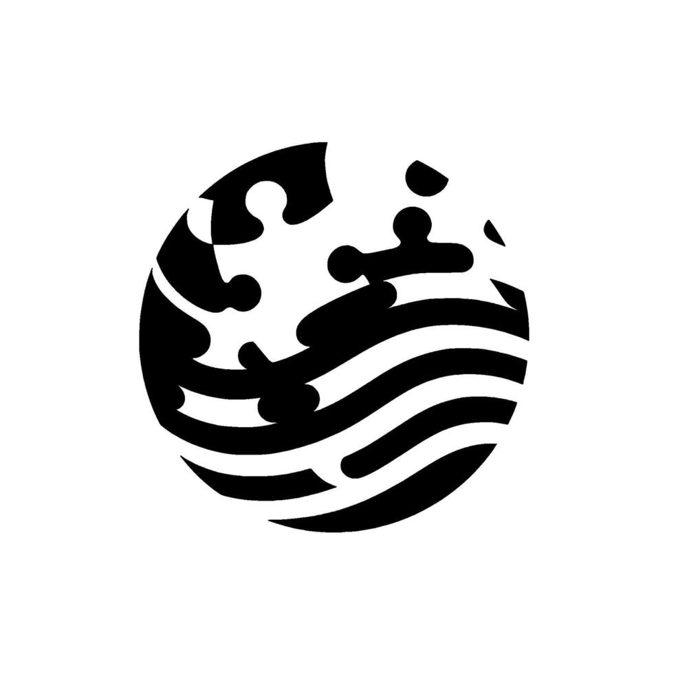 Abstract black and white puzzle sphere, combining puzzle pieces and striped patterns, set against a minimalist backdrop. vector