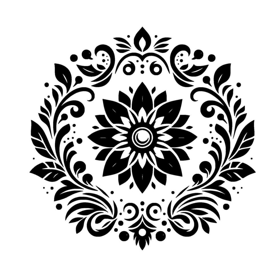 Intricate Black and White Floral Mandala with Detailed Leafy Vines and Geometric Elements on a White Background. vector