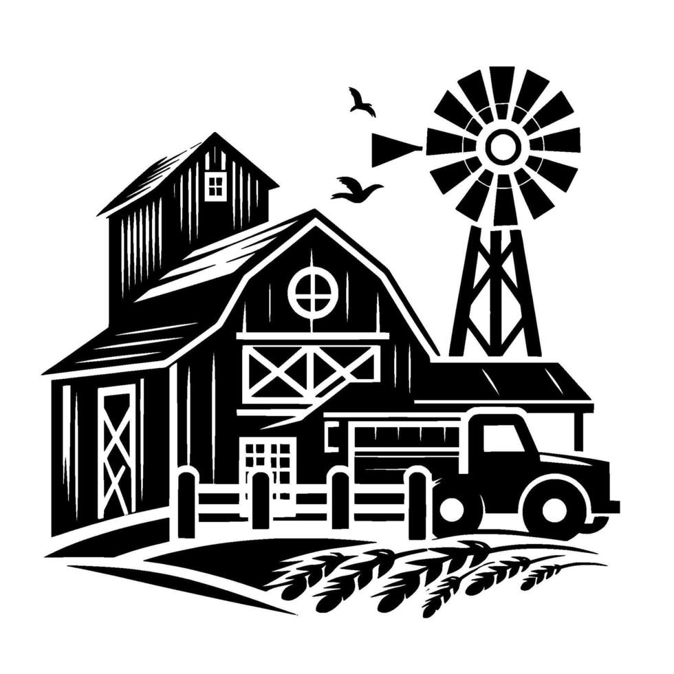 Black and White Farm Scene Barn, Windmill, Truck, and Wheat field, a illustration for agriculture . vector