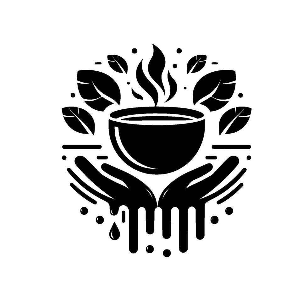 Stylized Black and White Two Hands Cup a Bowl of Steaming Tea, Surrounded by Leaves, Suggesting Wellness and Natural Healing. vector
