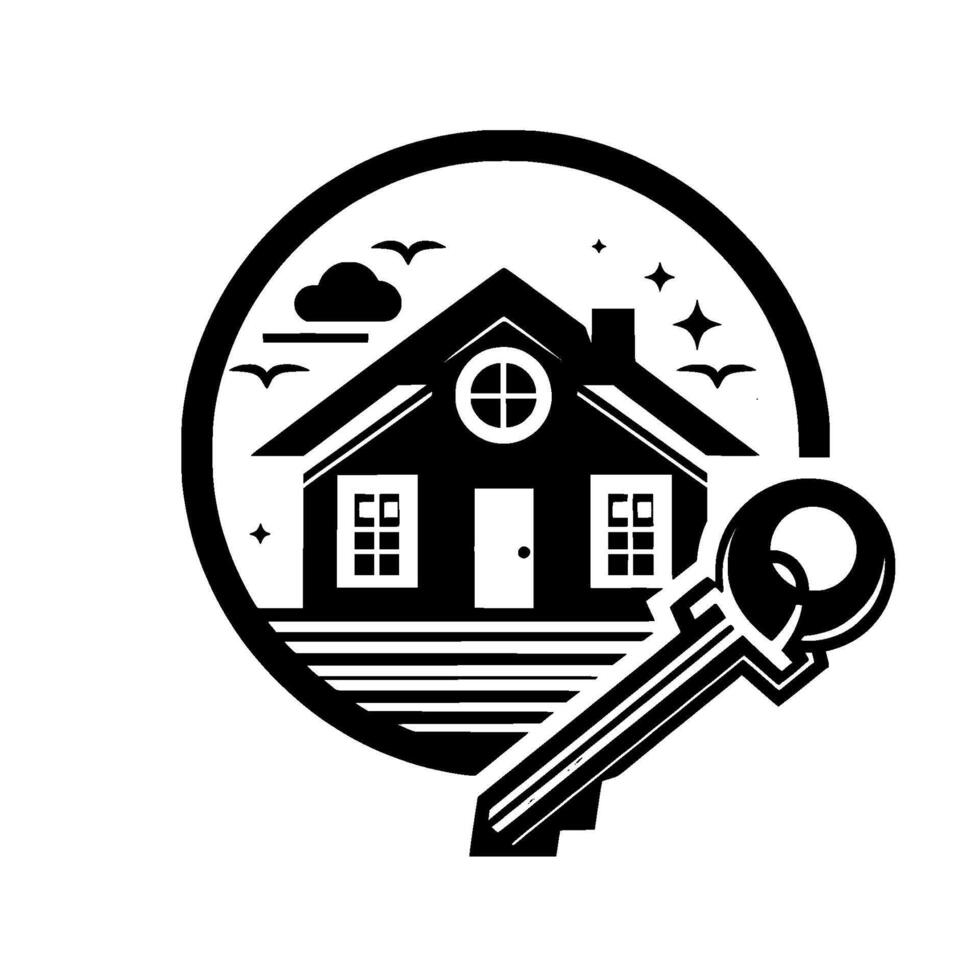 Black and White Home in a Circle with Key, Birds, and Cloud, Representing Real Estate and Ownership. vector