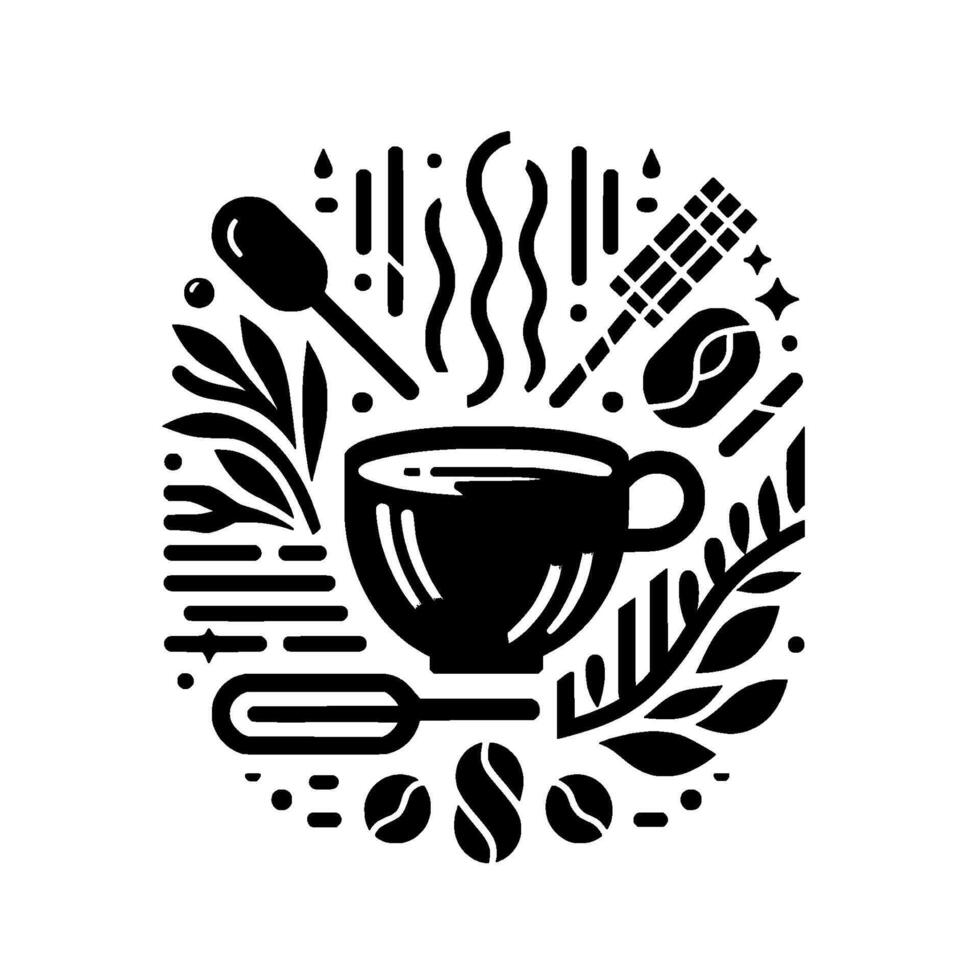 A stylized monochrome illustration depicts a steaming coffee cup surrounded by coffeemaking elements in an oval . vector