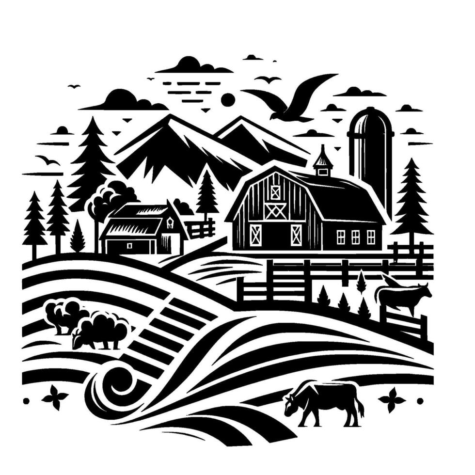 Black White Rural Farm Scene Barn, Mountains, Cows, Birds, Fields, and Silo. vector