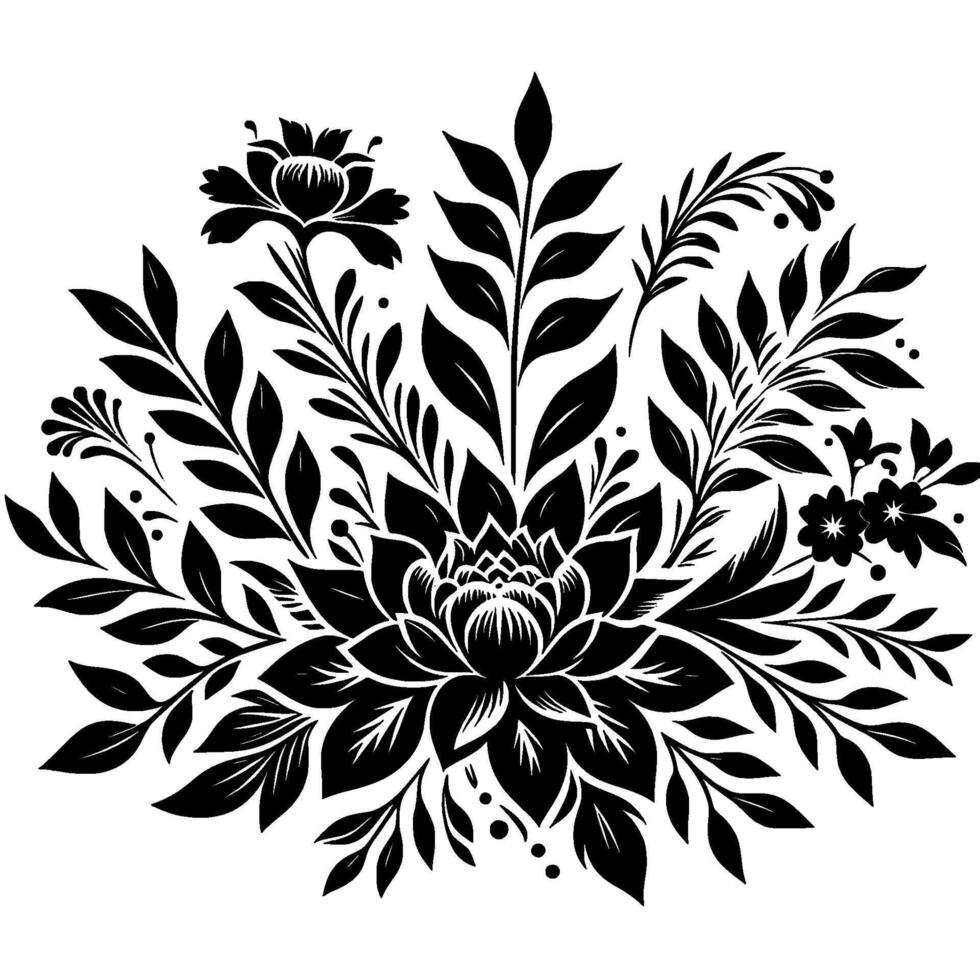 Elegant Black and White Floral Detailed illustration features stylized lotus flowers, leaves, and decorative elements, creating a symmetrical and intricate composition on a white background. vector