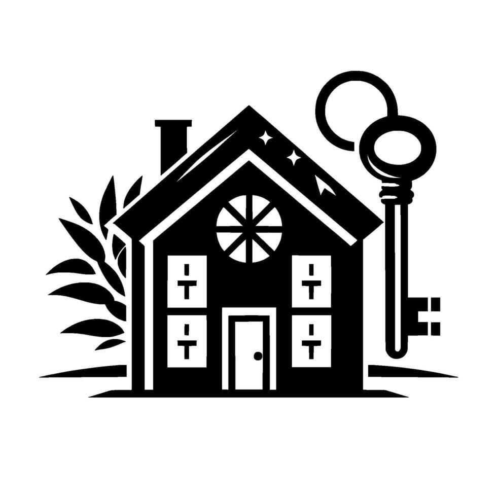 Stylized Monochrome Illustration of a Home Featuring a House, a Key, and Foliage, Conveying Home Ownership and Security. vector
