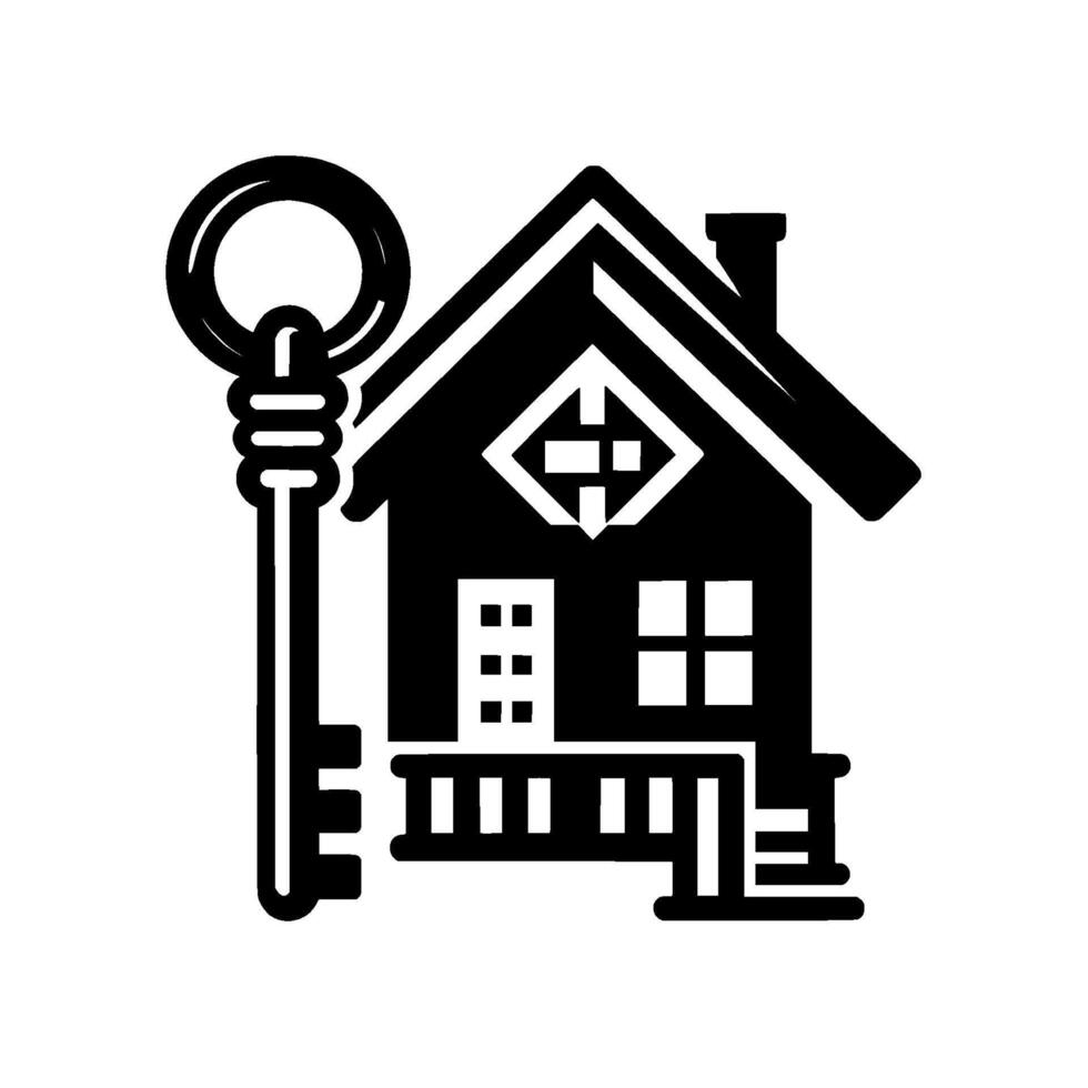 Minimalist Black and White House Featuring a Giant Skeleton Key, Representing Home Ownership, Real Estate. vector