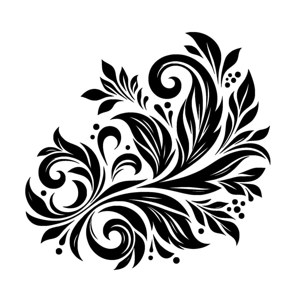 Elegant Black and White Corner Floral Swirl Featuring Leaves, Berries, and Ornamental Curls. vector