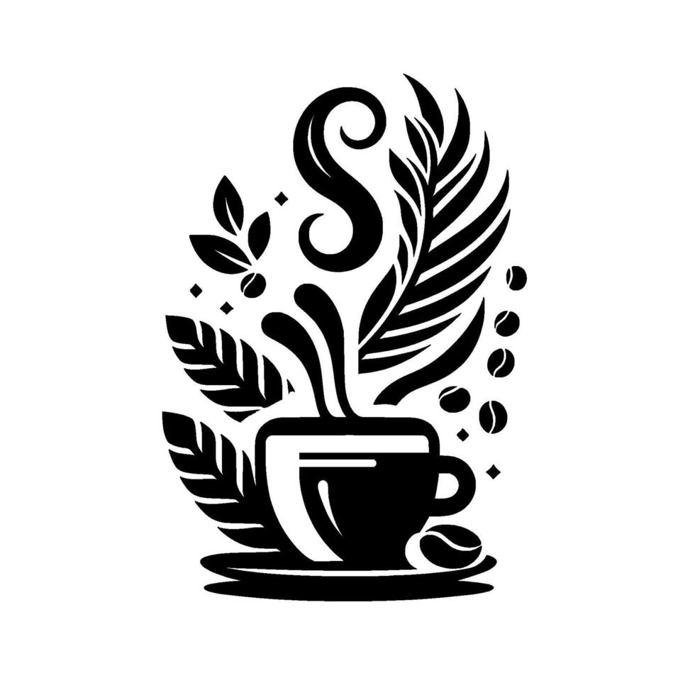 Stylized Black and White Coffee Cup with Leaves, Steam, Coffee Beans, and Floral Embellishments. vector