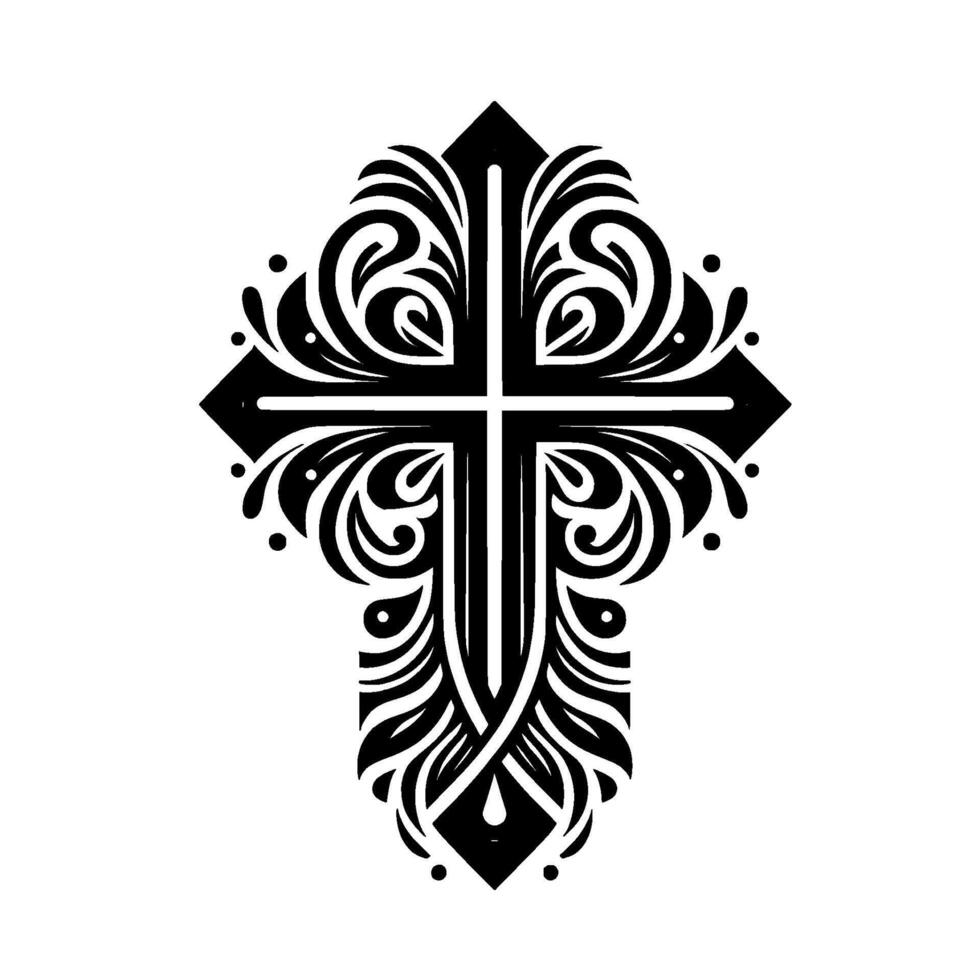 Ornate Black and White Christian Cross with Flourishes, Dots, and Detailed Scrollwork on a White Background vector