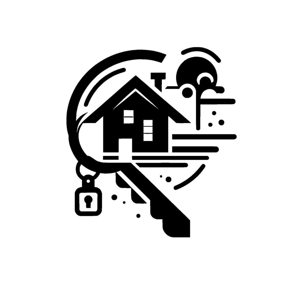 art representing home ownership, a key, a house, and a lock, evoking the dream of a new house. vector