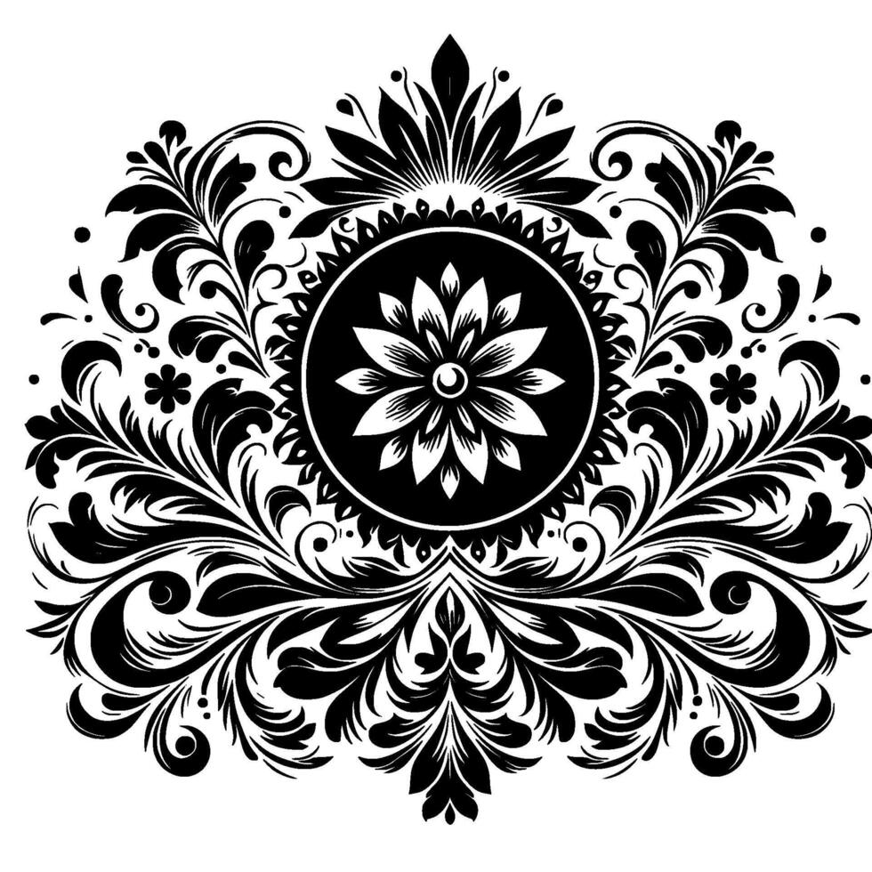 Intricate Black and White Floral Crest with a Central Circular Flower Motif and Decorative Flourishes. vector