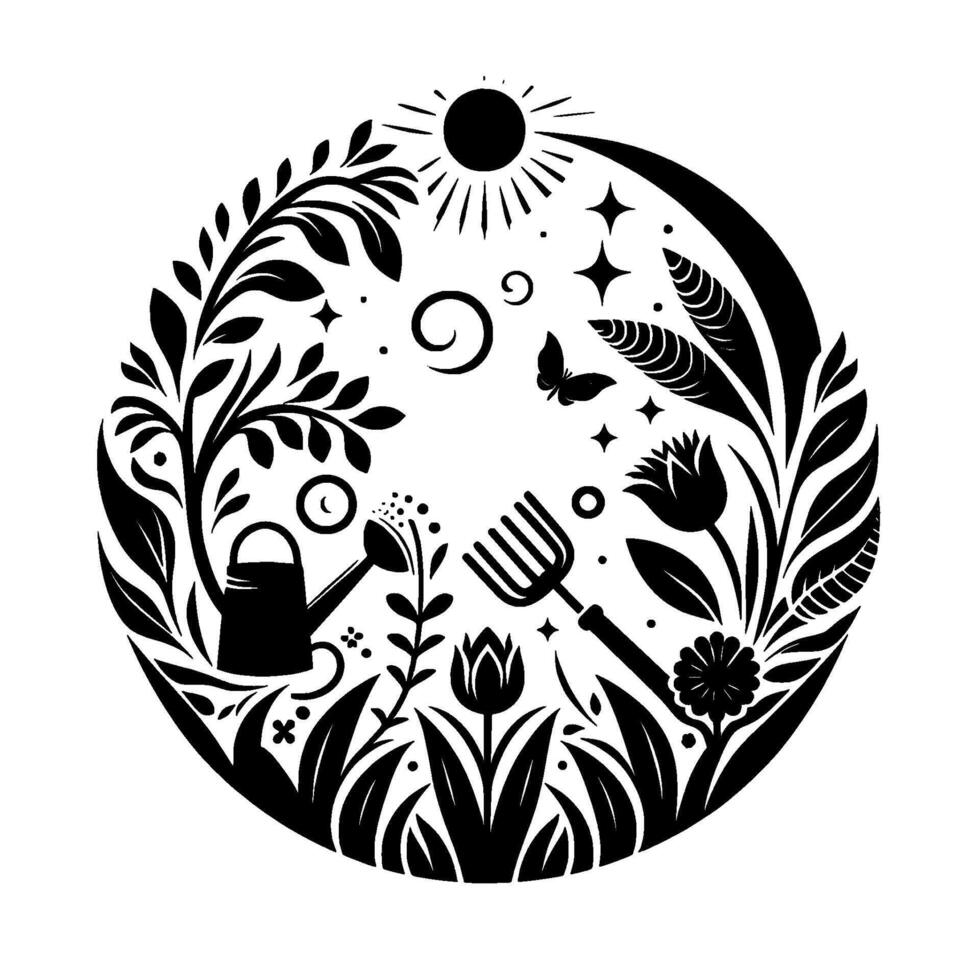 A circular, black and white illustration of a garden scene, featuring watering can, rake, flowers, sun, stars, and butterfly. vector