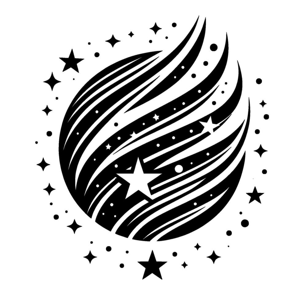 Black and white celestial featuring a stylized comet or meteor with stars, dots, and curved, layered lines in a circular composition. vector