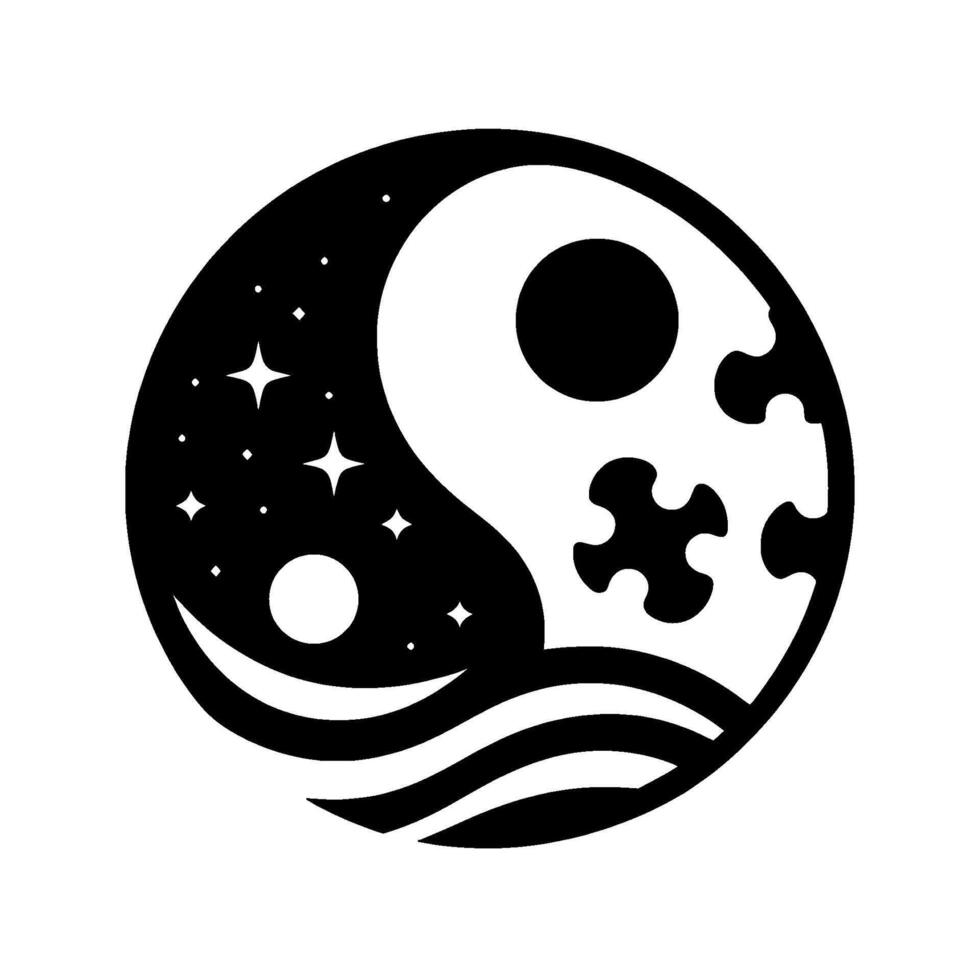 A stylized Yin and Yang symbol, with a starry night sky element and abstract shapes, illustrating cosmic balance and harmony. vector