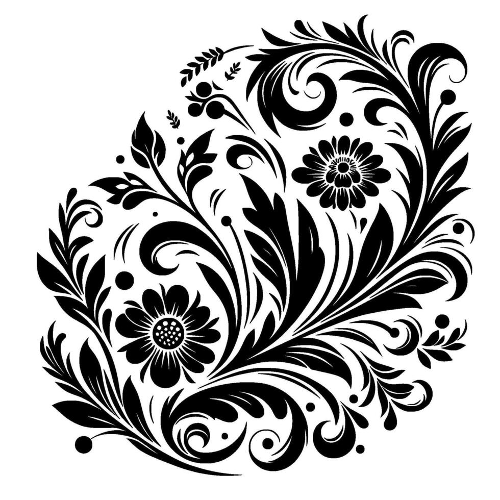 Black floral decorative with a heartshaped layout, featuring swirling leaves, blossoms, and intricate details on white background. vector