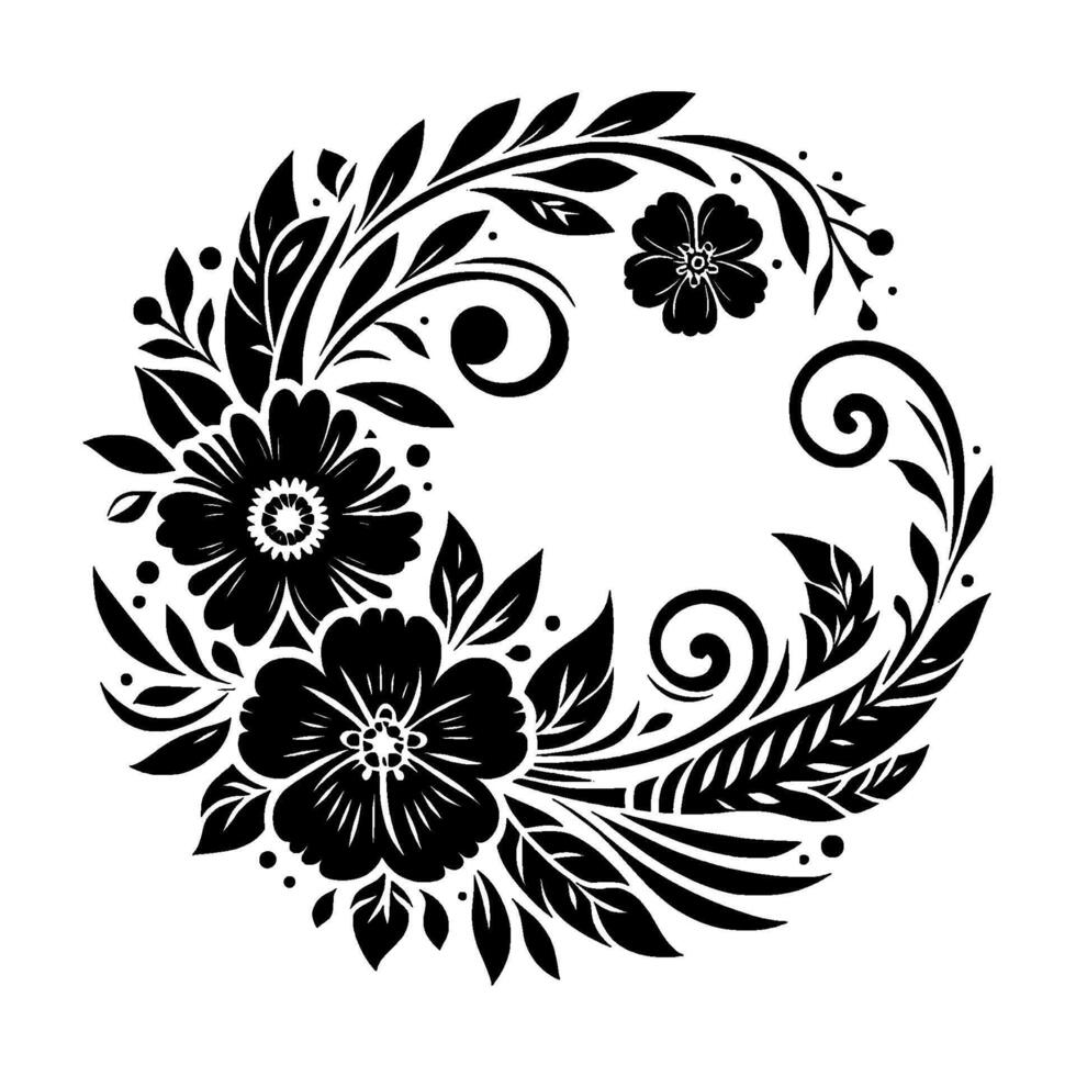 Elegant Black Floral Wreath with Detailed Blooms, Leaves, and Swirls on a White Background, Perfect for Embellishment. vector