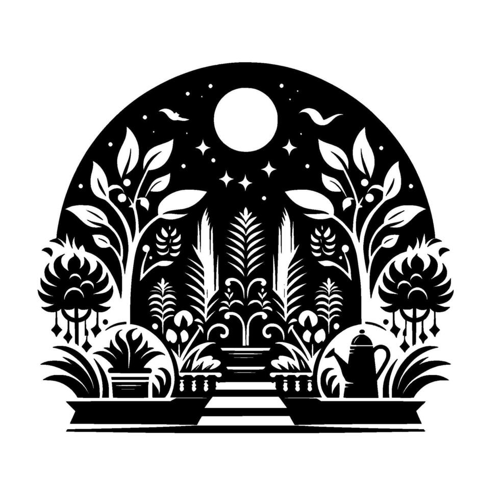 A symmetrical, monochrome cutpaper illustration of a stylized garden scene under a starry night sky, featuring plants, a fountain, and a teapot. vector
