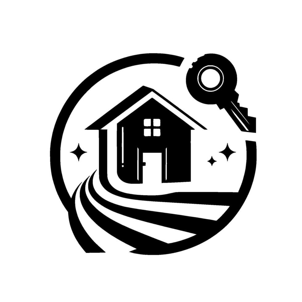 Symbolic Real Estate Black silhouette of a house with a key within a circle, suggesting ownership and property. vector
