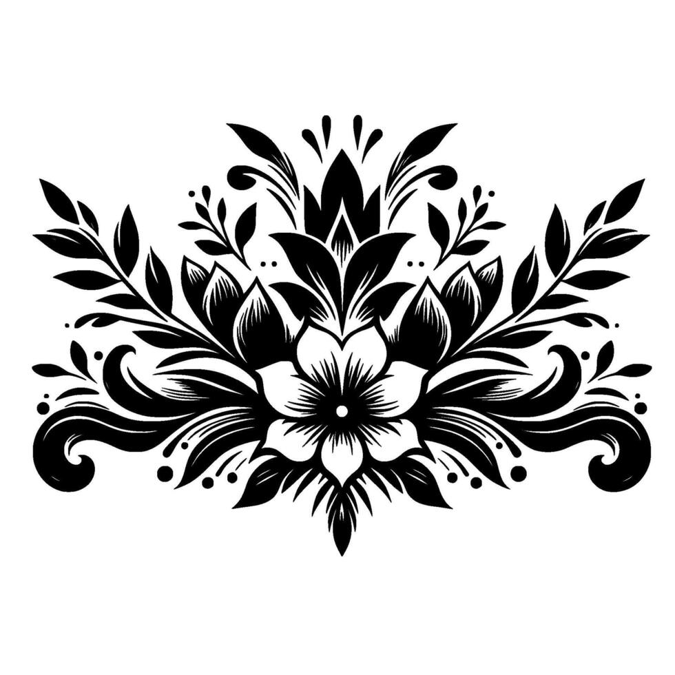 Intricate Black Floral A symmetrical botanical composition with elegant leaves, petals, and swirling decorative accents on a white background, creating a stylized flourish. vector